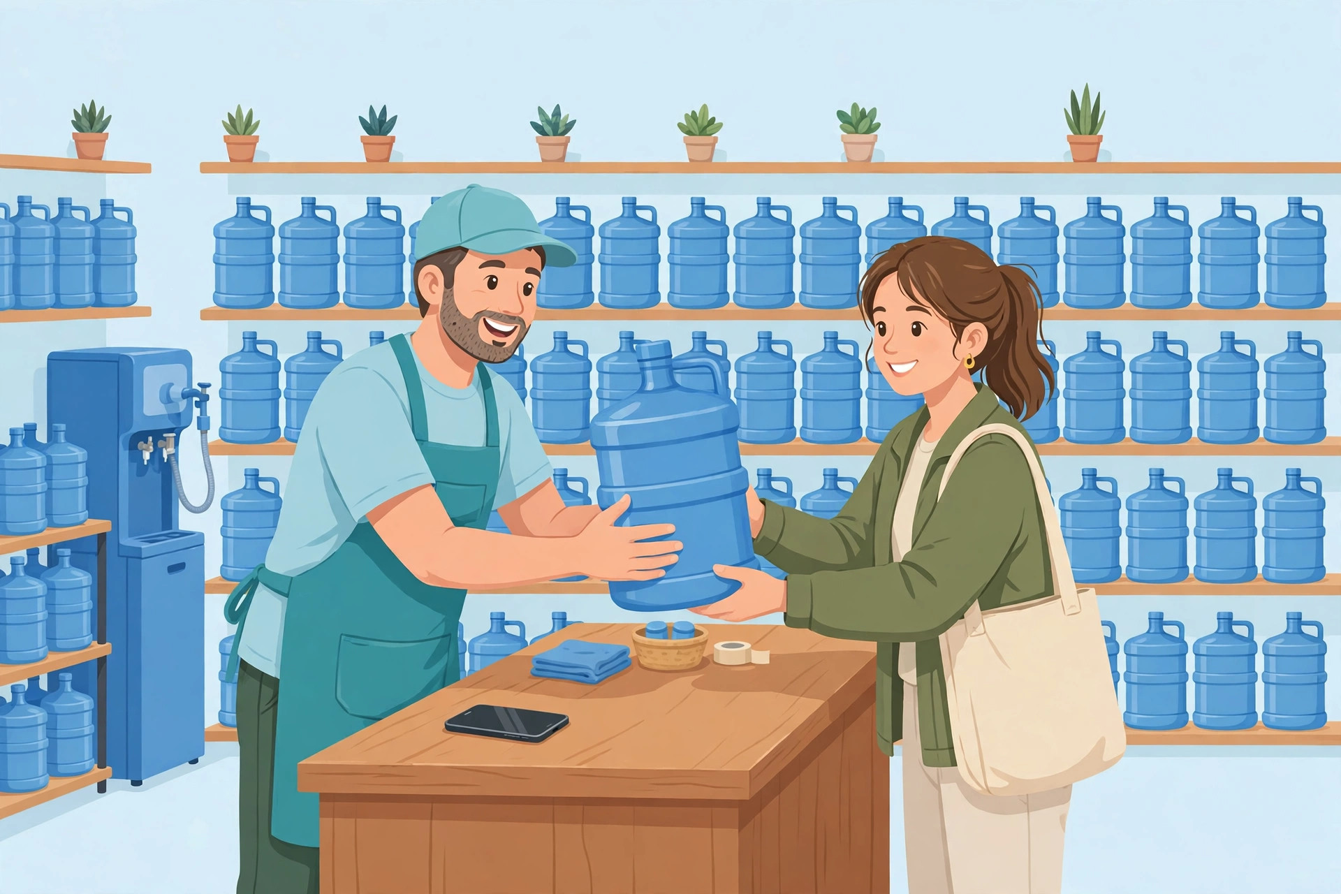 Ilustrasi pemilik depot menyerahkan galon kepada pelanggan